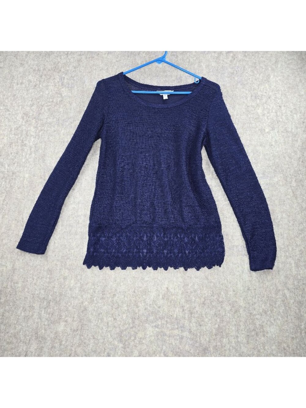 Charming Charlie Womens Navy Blue Lace-Trim Long-Sleeve Knit Top